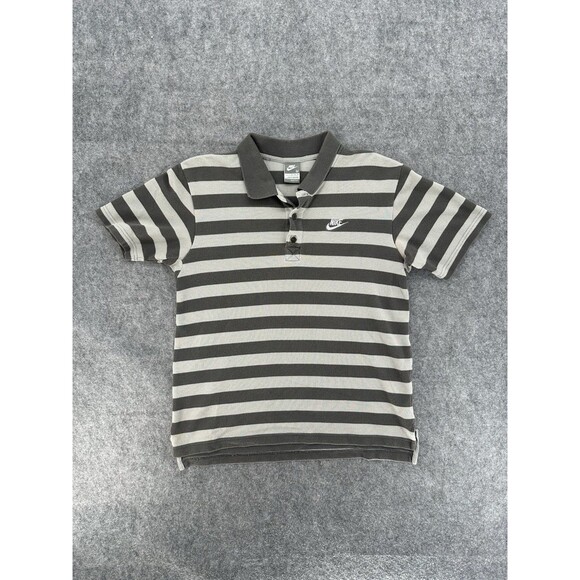 Nike Polo Shirt Mens XL Black Gray Striped Patch Logo 100% Cotton Vintage - Picture 1 of 5